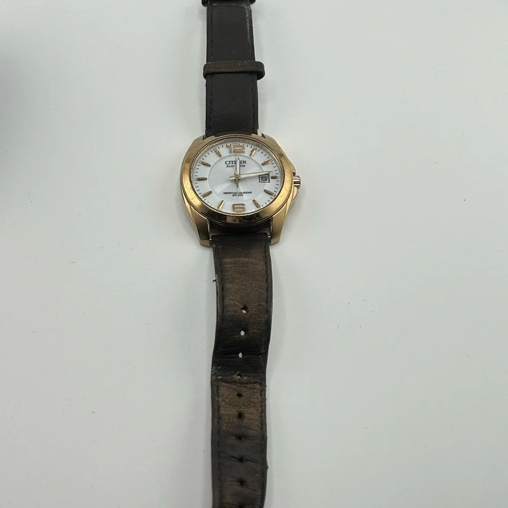 Citizen Eco-Drive Gold and Brown leather white dial Watch #593